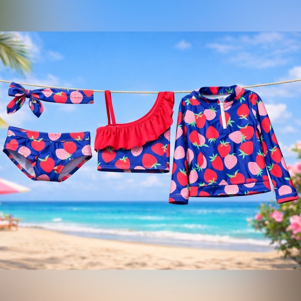 NEW $25 Purple Strawberry Print 4pc Swimswear Rashguard Outfit for Girls Size 6Y